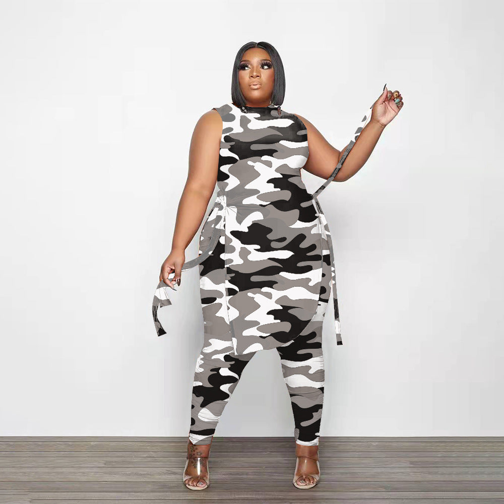Plus Size Women's Clothing Camouflage Print Pant Sets