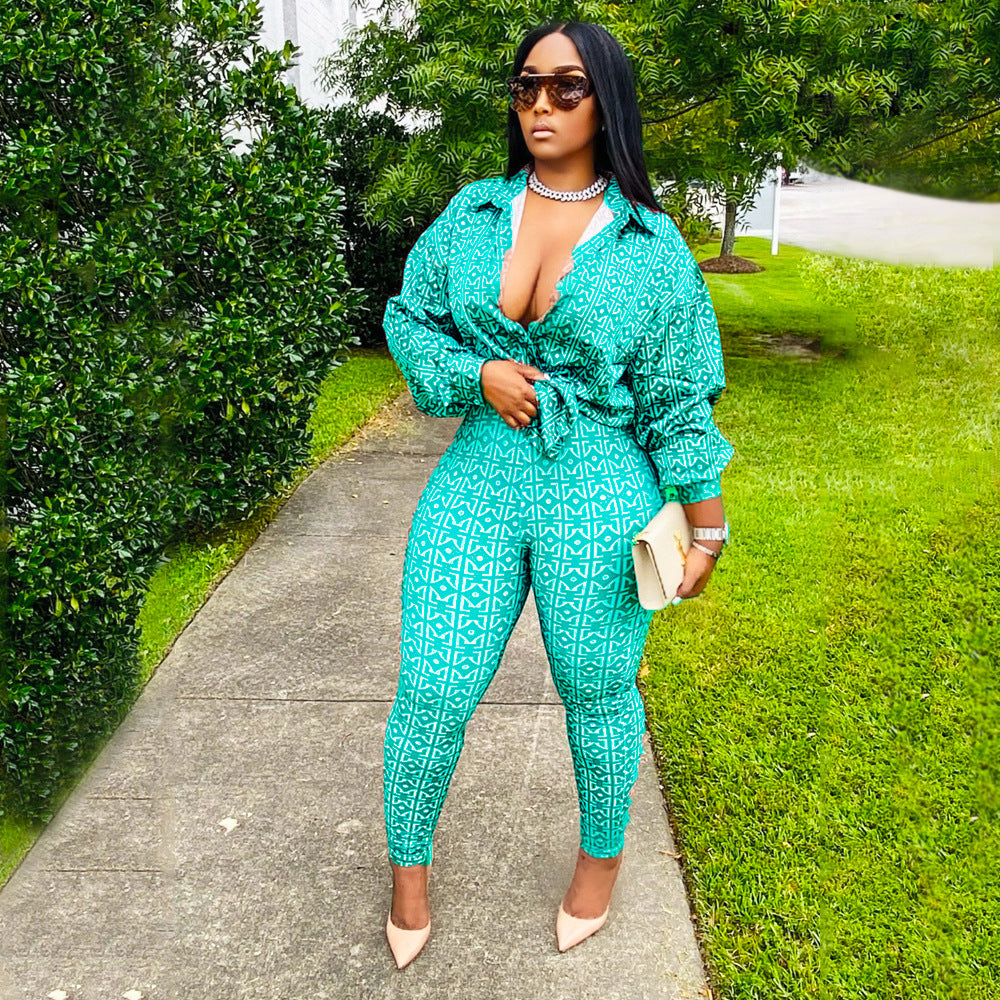 LS Curves Casual Printed Plus Size 2 Piece Set Tracksuit Pant Set