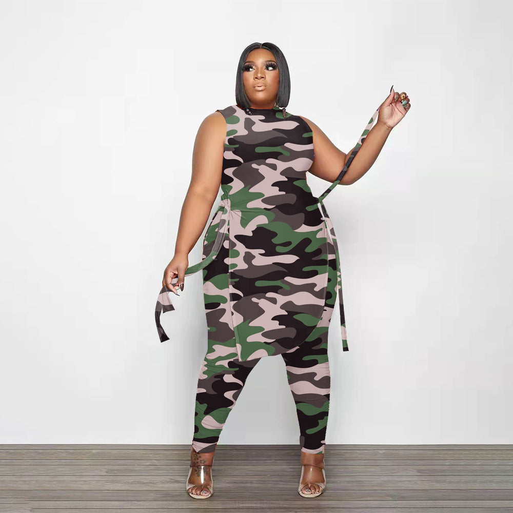 Plus Size Women's Clothing Camouflage Print Pant Sets