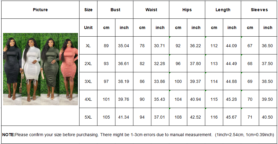 LS Curves Plus Size Women Clothing Drawstring High Neck Long Sleeve Dress