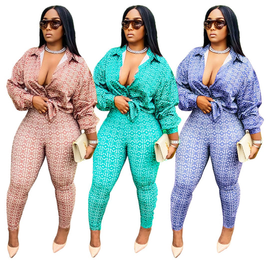 LS Curves Casual Printed Plus Size 2 Piece Set Tracksuit Pant Set