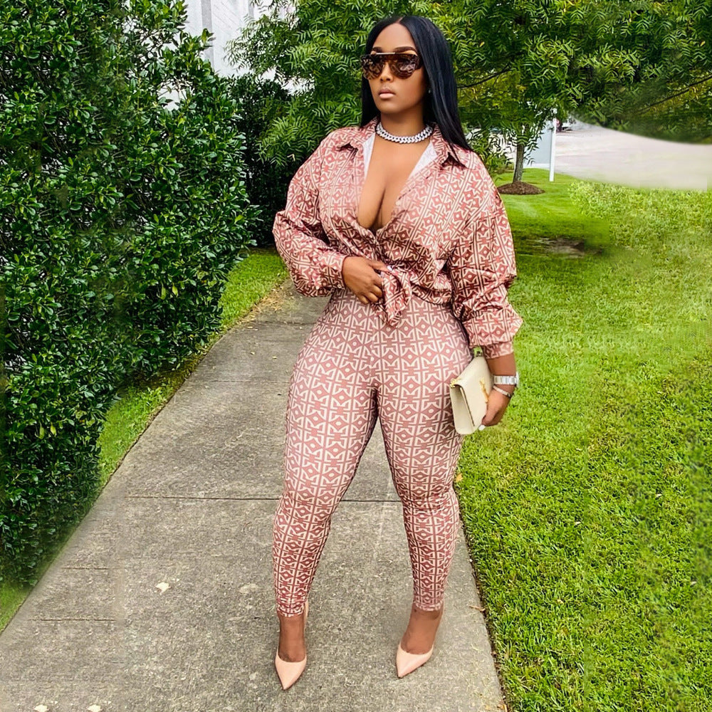 LS Curves Casual Printed Plus Size 2 Piece Set Tracksuit Pant Set