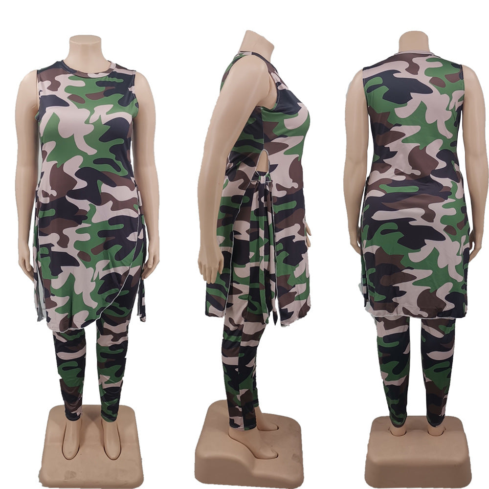 Plus Size Women's Clothing Camouflage Print Pant Sets