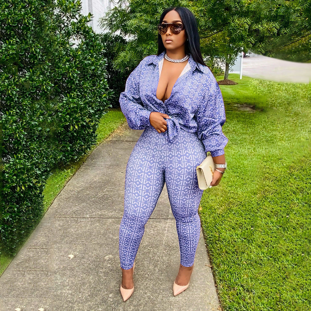 LS Curves Casual Printed Plus Size 2 Piece Set Tracksuit Pant Set