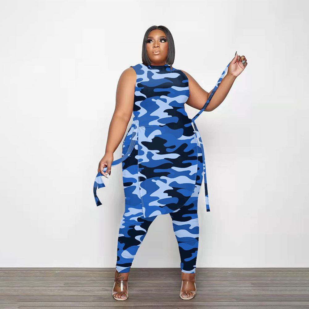 Plus Size Women's Clothing Camouflage Print Pant Sets