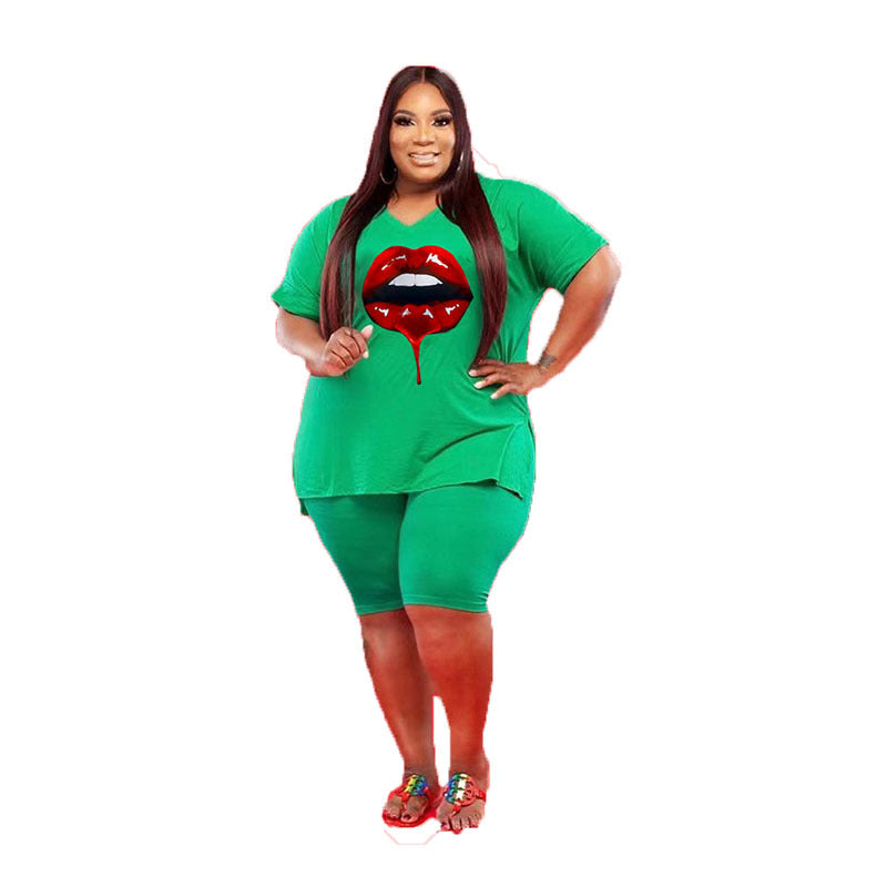LS Curves Summer Lip Print Plus Size Women Clothing Plus Size Women Two Piece Set