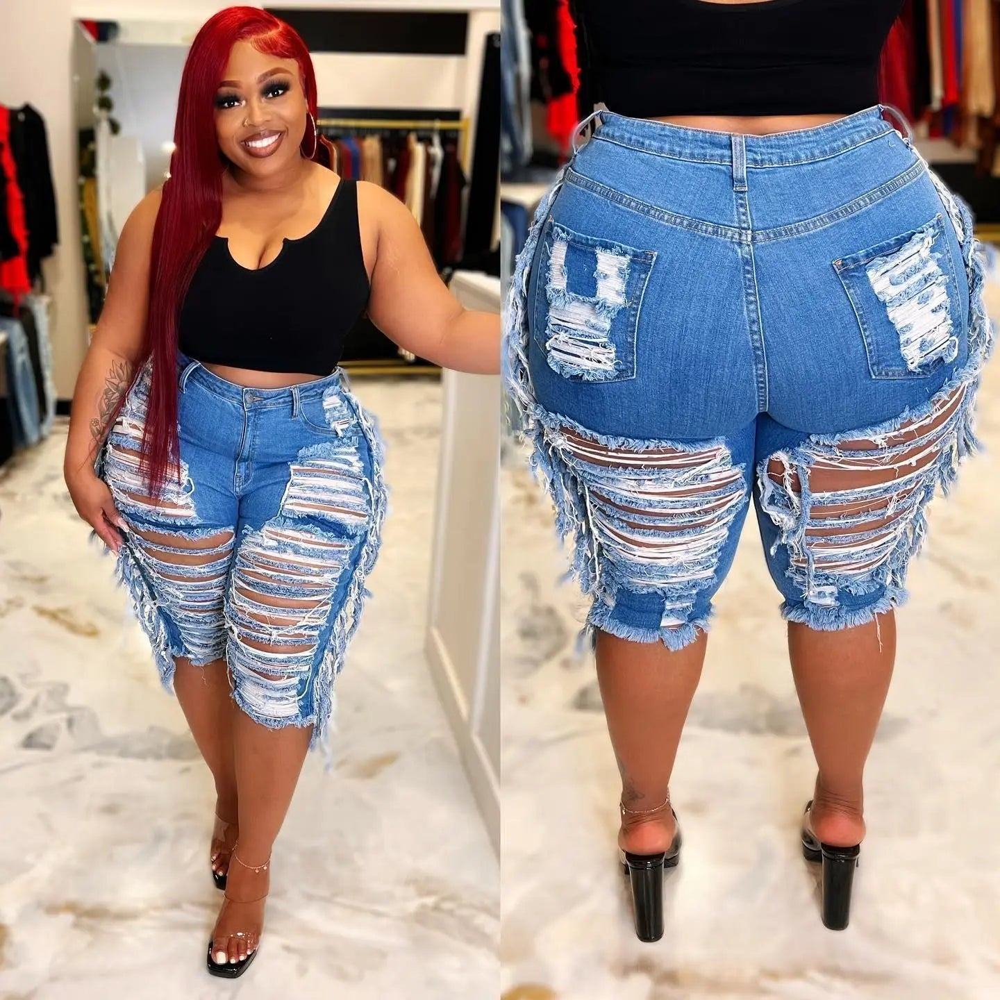 LS Curves Tassel Denim Sexy Ripped Plus Size Denim Shorts