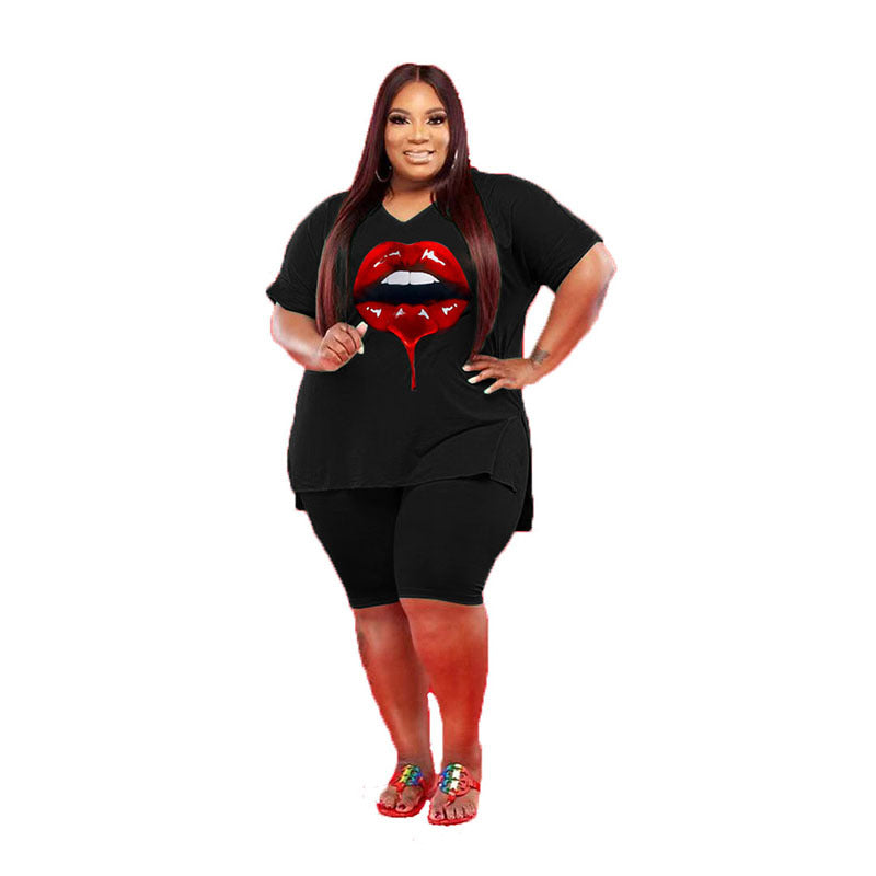LS Curves Summer Lip Print Plus Size Women Clothing Plus Size Women Two Piece Set