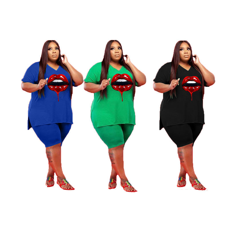 LS Curves Summer Lip Print Plus Size Women Clothing Plus Size Women Two Piece Set