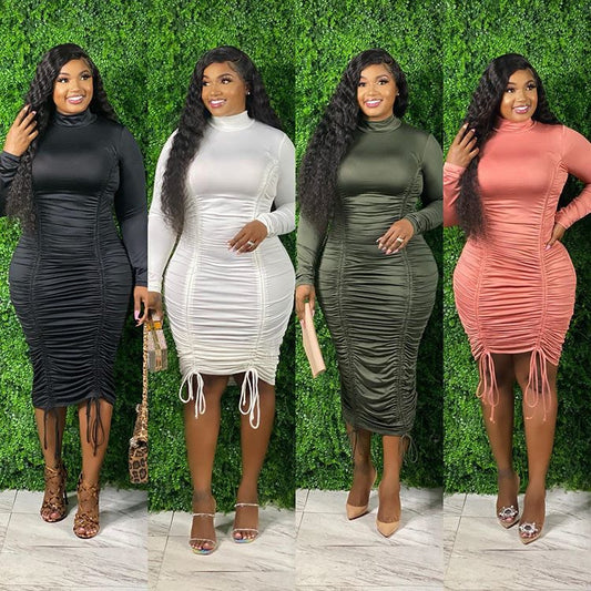 LS Curves  Plus Size Women Clothing Drawstring High Neck Long Sleeve Dress
