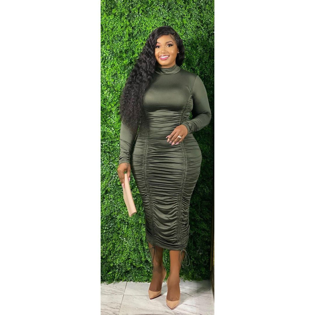 LS Curves  Plus Size Women Clothing Drawstring High Neck Long Sleeve Dress