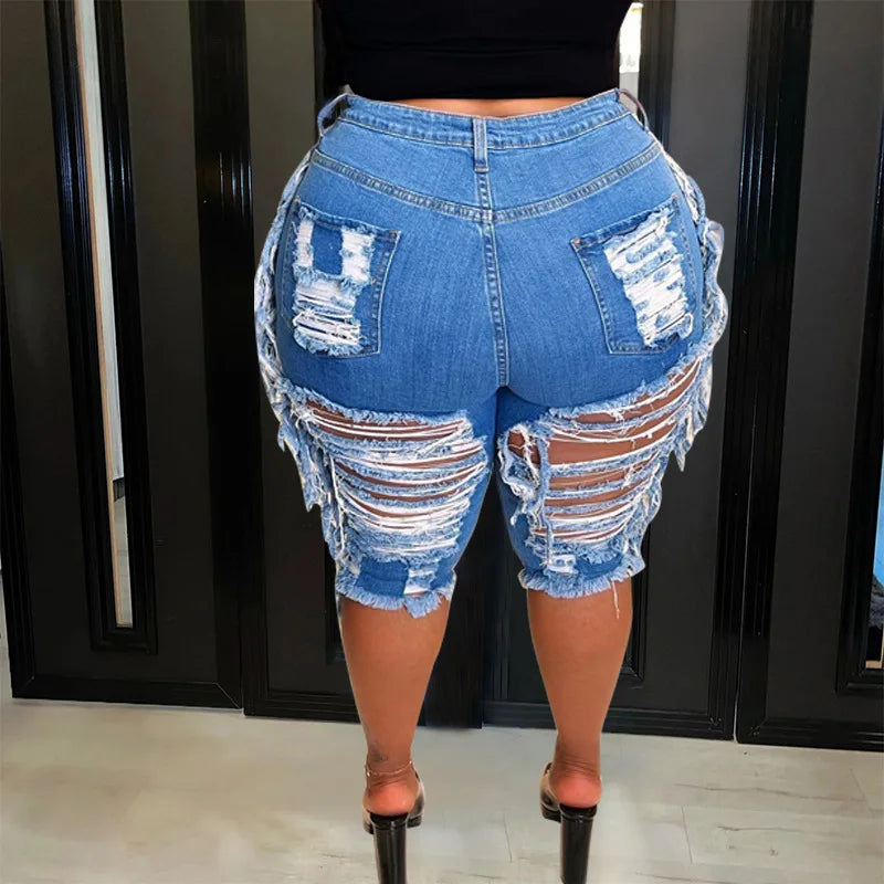 LS Curves Tassel Denim Sexy Ripped Plus Size Denim Shorts