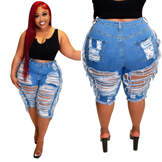 LS Curves Tassel Denim Sexy Ripped Plus Size Denim Shorts