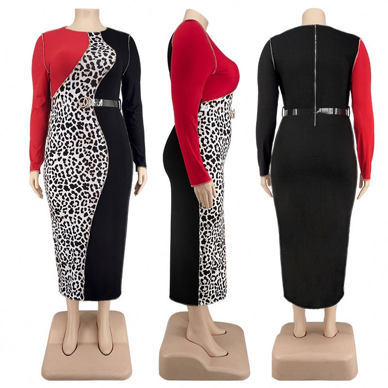 LS Curves  Women's Clothing New  Plus Size Leopard Dress Print Stitching Long Sleeved Plus Size Women's Dresses
