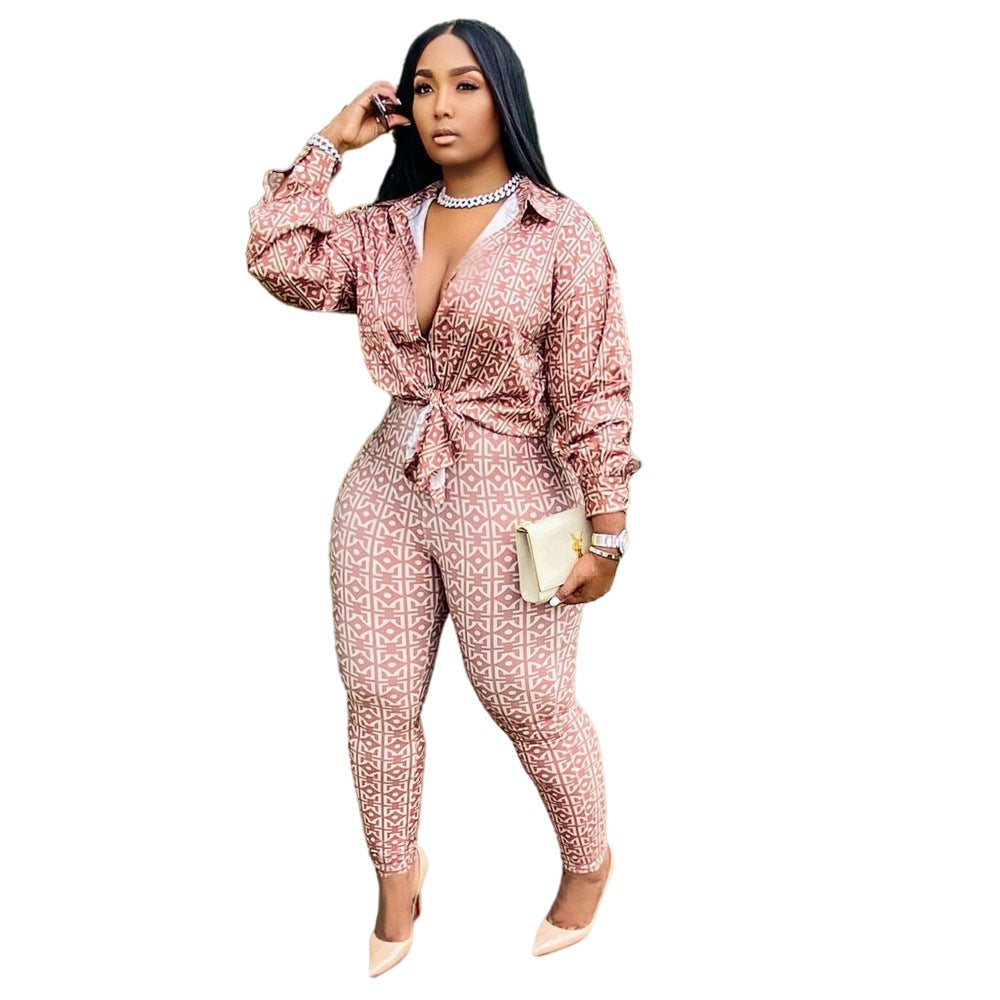 LS Curves Casual Printed Plus Size 2 Piece Set Tracksuit Pant Set