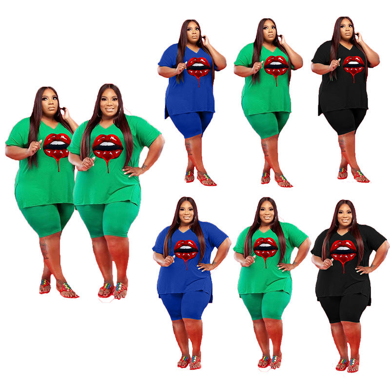 LS Curves Summer Lip Print Plus Size Women Clothing Plus Size Women Two Piece Set