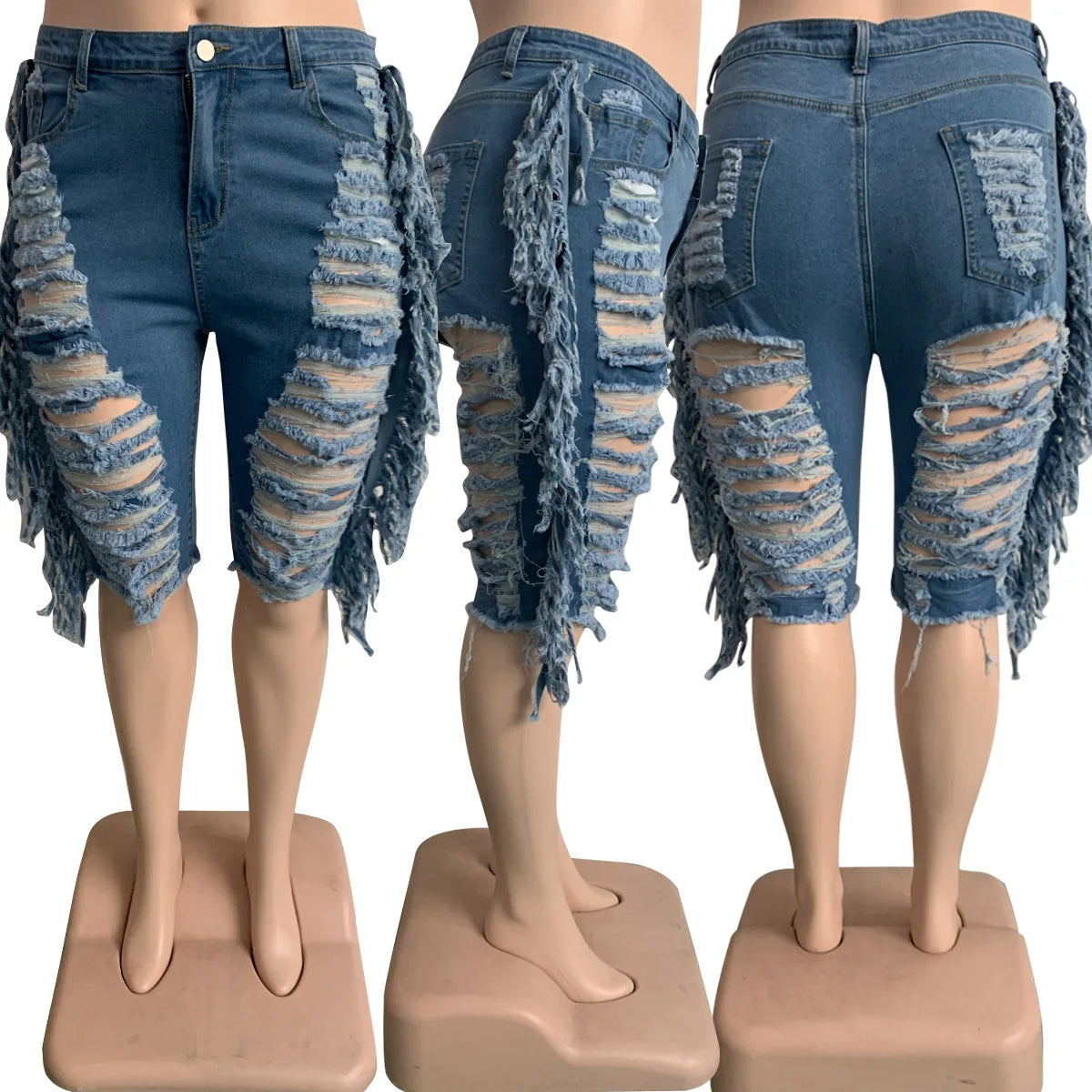 LS Curves Tassel Denim Sexy Ripped Plus Size Denim Shorts
