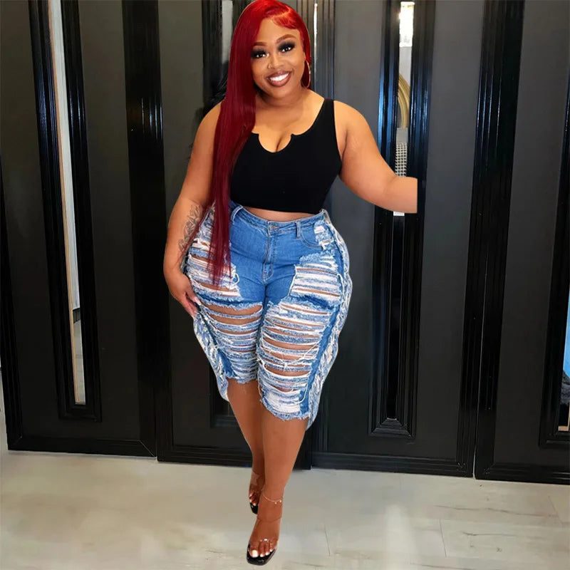 LS Curves Tassel Denim Sexy Ripped Plus Size Denim Shorts