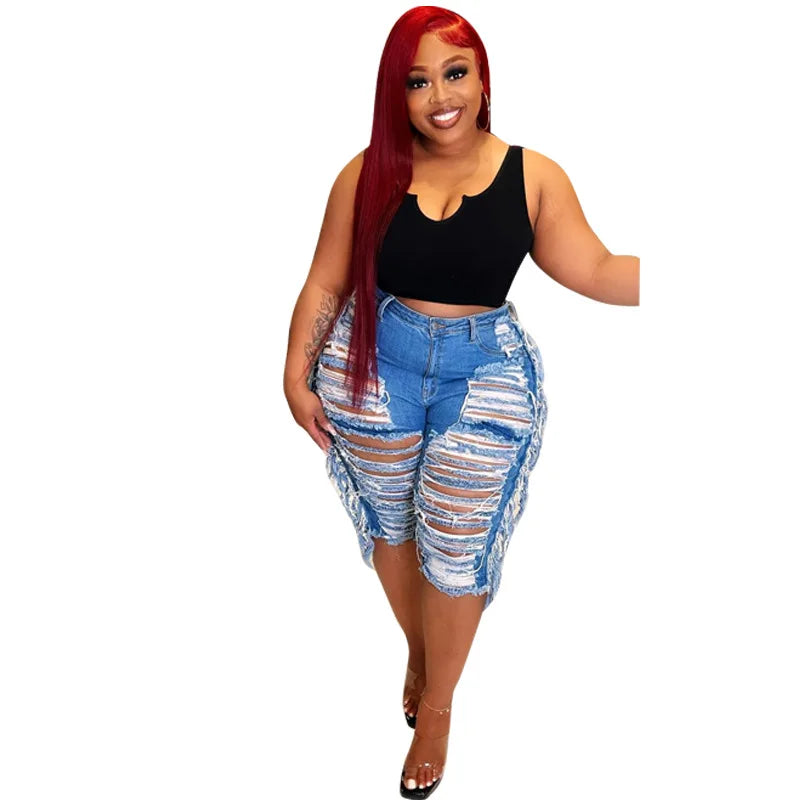 LS Curves Tassel Denim Sexy Ripped Plus Size Denim Shorts